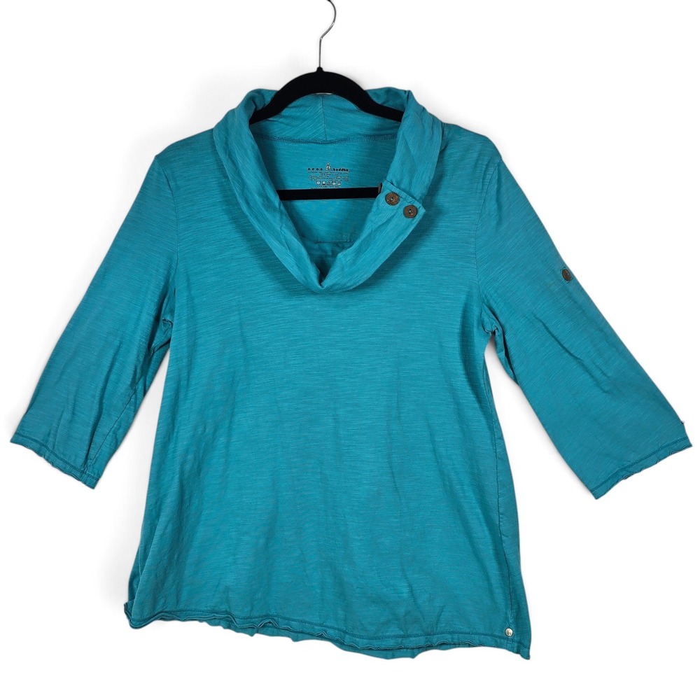 Neon Buddha Top Womens Medium Cowl Neck Teal Blue Slub Cotton Button 3/4 Sleeve
